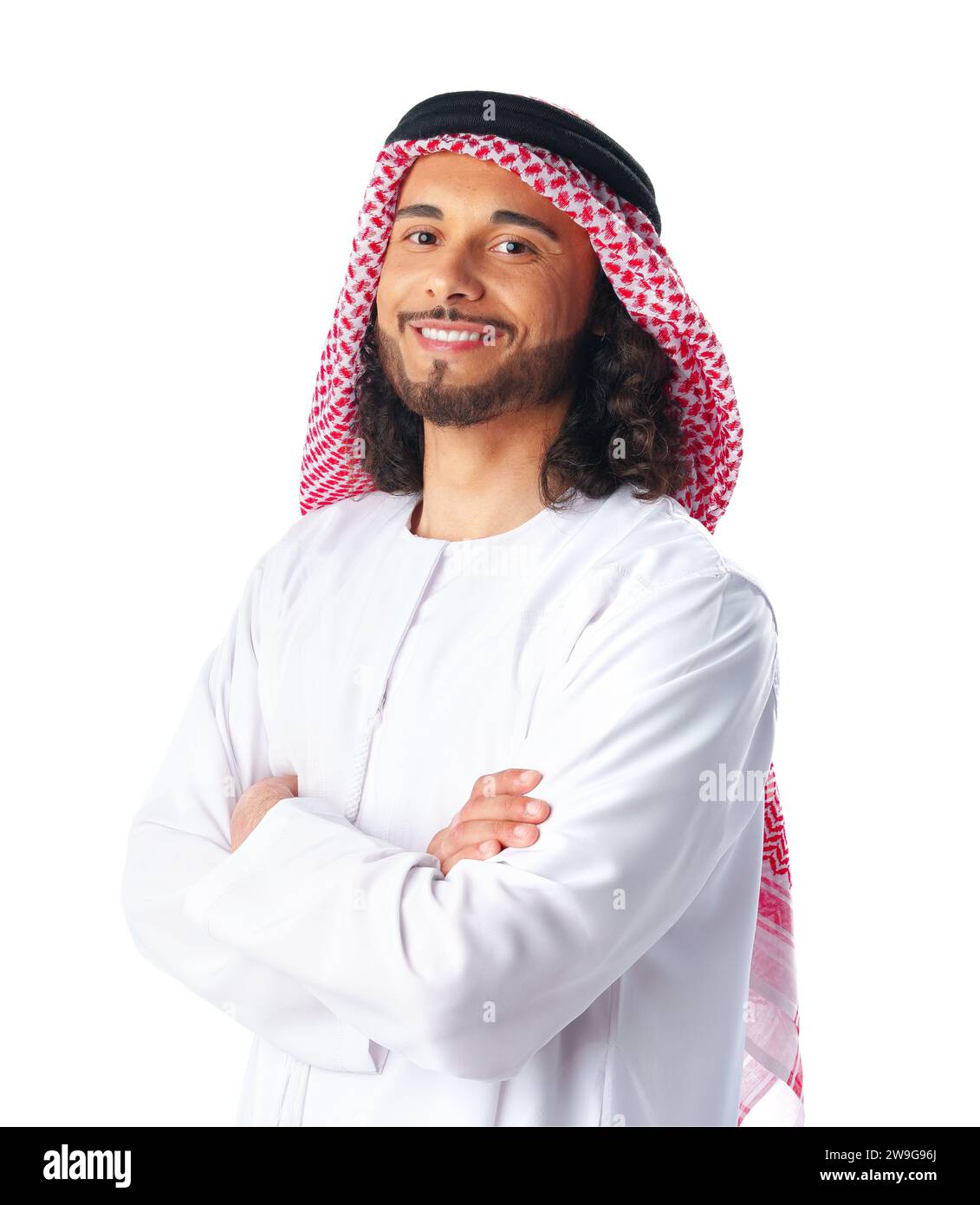 Portrait of a young Arab man wearing middle-eastern traditional dress thobe isolated on white Stock Photo