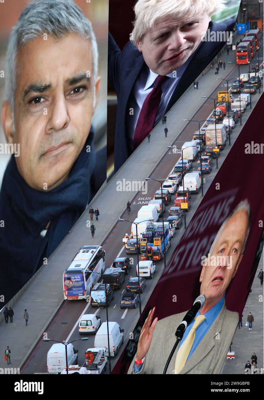 Mayor of London. Sadiq Khan. Boris Johnson. Ken Livingstone. London traffic. Transport for London. Congestion charge. Low emission zone. Ultra low emission zone. Cycle lanes. Bus lane. Motorcycles. Private cars. Buses. Taxis. Private hire cars. Mini cabs. Commercial vehicles. London bridge. Aerial view. Politicians. Famous politicians. Drivers. Driving. Work. Stock Photo