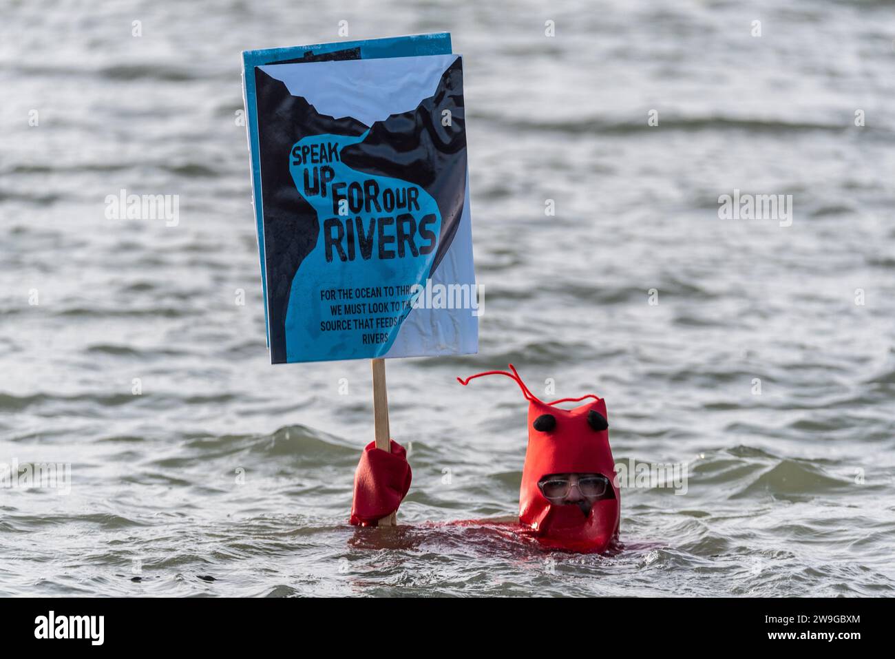 Traditional Boxing Day Dip in the cold Thames Estuary at Southend on Sea, Essex, UK. Protester participant Stock Photo