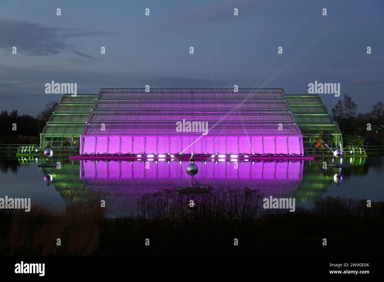 Glasshouse Lake, Glow 2023, RHS Garden Wisley, Woking, Surrey, England, Great Britain, United Kingdom, UK, Europe Stock Photo