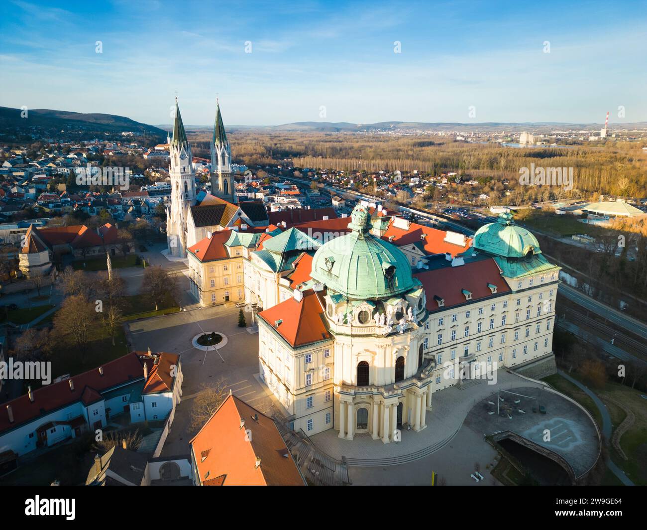 Aerial view to the Klosterneuburg Monastery in the Lower Austria region. Famous touristic destination and landmark. Stock Photo