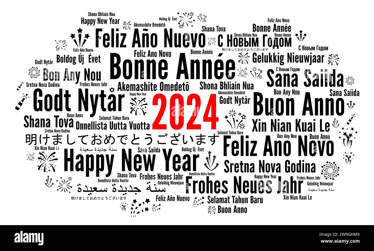 Happy New Year 2024 word cloud in different languages Stock Photo Alamy