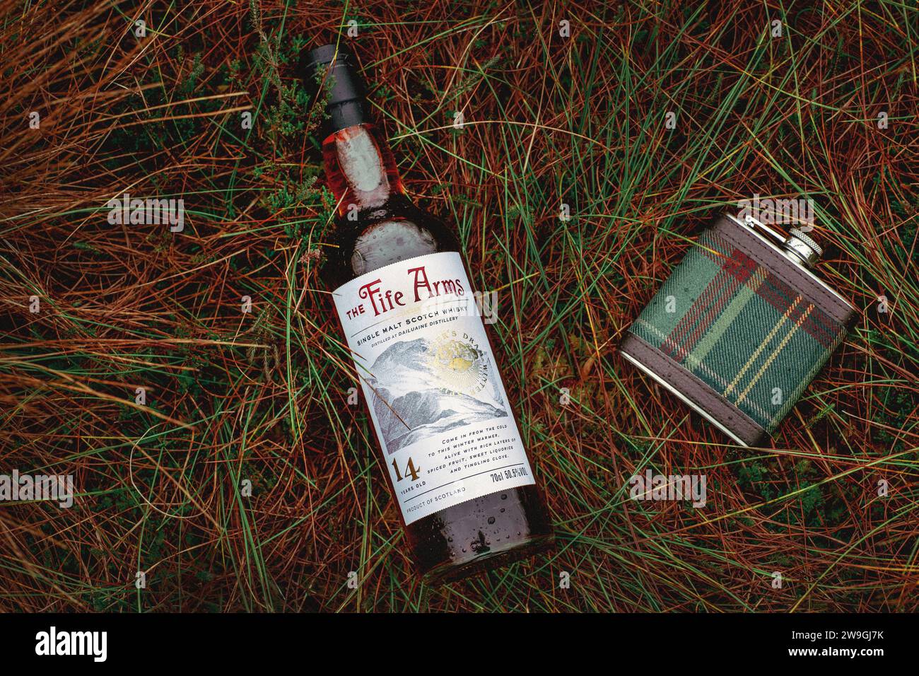Tartan Hip Flask with Single Malt Scotch Whisky bottle lies on grass. Stock Photo