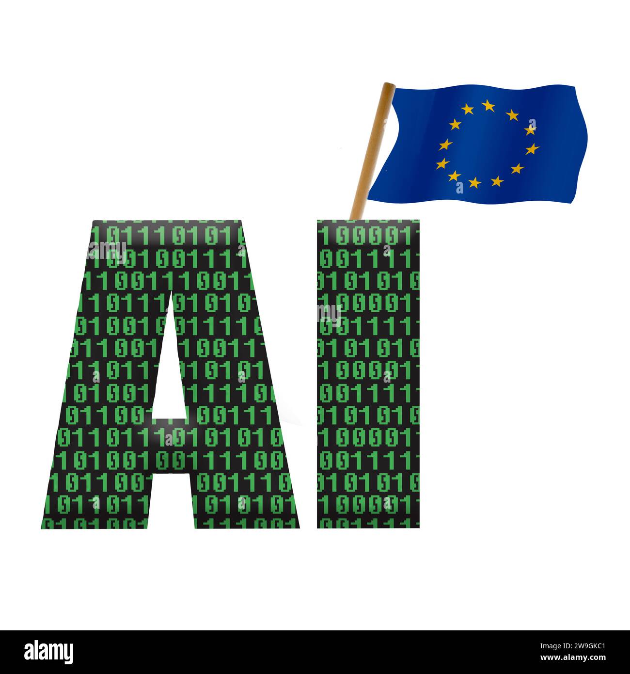 Digital composite. AI Artificial intelligence with an overlay of binary and the the European flag flying. The development of AI is progressing at a very fast pace often outpacing legislation needed to govern the parameters of the usage thereof. The European Union has quickly developed an AI act in order to have trustworthy rules throughout the union with regards developments. ordening, law, union, machine learning, surveillance, Stock Photo