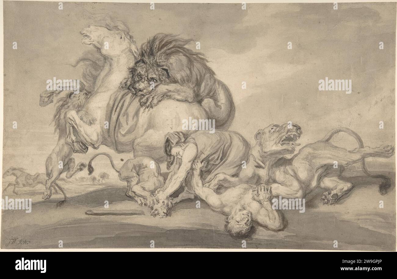 Lions Attacking Two Men and a Horse 1975 by James Ward Stock Photo