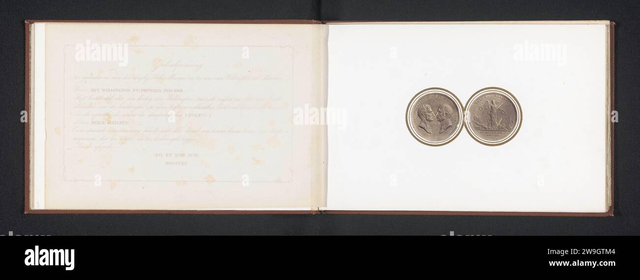 Two images of a memorial medal in memory of Waterloo, 1865  On the left the front with two busts of the Duke or Wellington and Gebhard von Blücher, on the right the downside with the victory. The Hague paper. photographic support albumen print memorial medal. adult man (+ sideview, profile). Victory Stock Photo