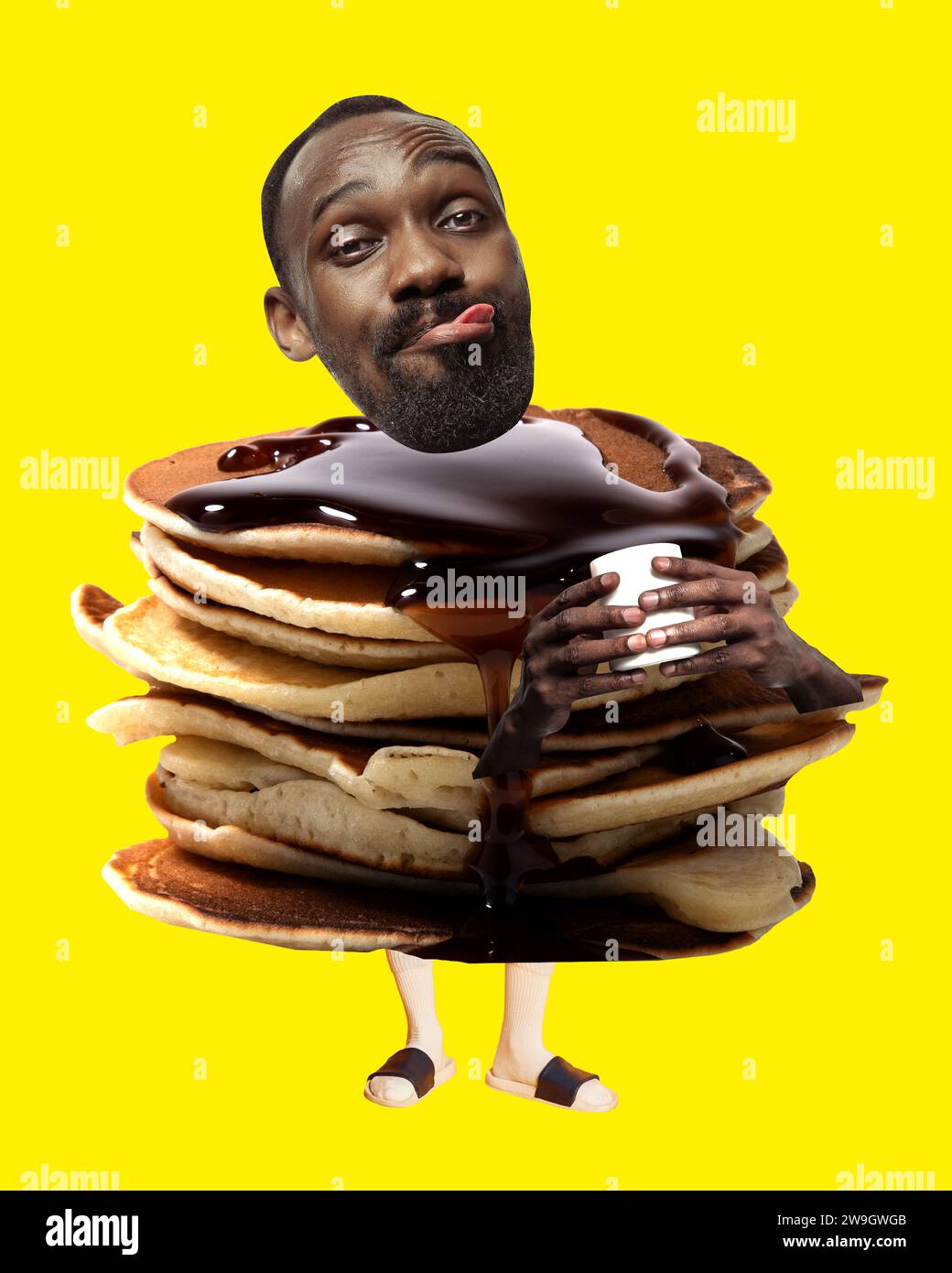 Dessert and confectionery. African man enjoying eating delicious sweet pancakes with chocolate taste. Contemporary art collage. Stock Photo