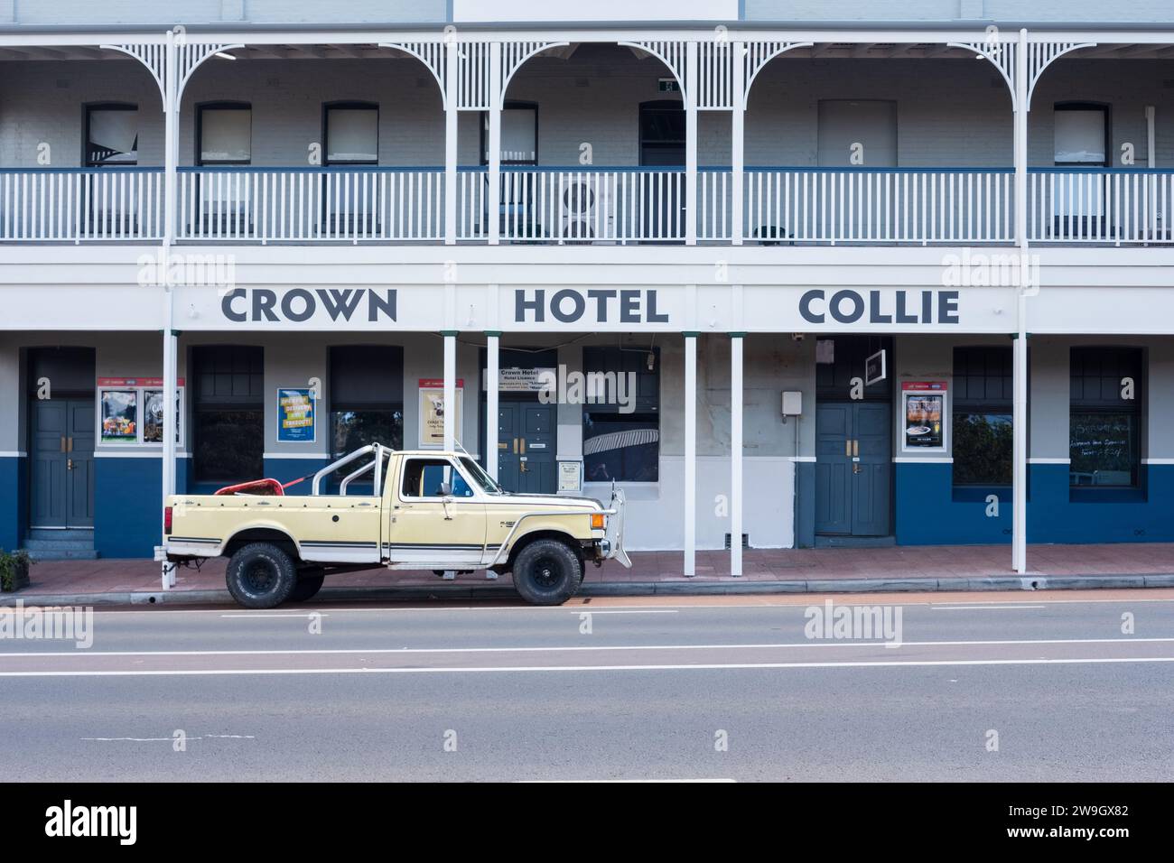 The Crown Hotel, located on the main street of Collie, a coal mining town in the south west region of Western Australia. Stock Photo