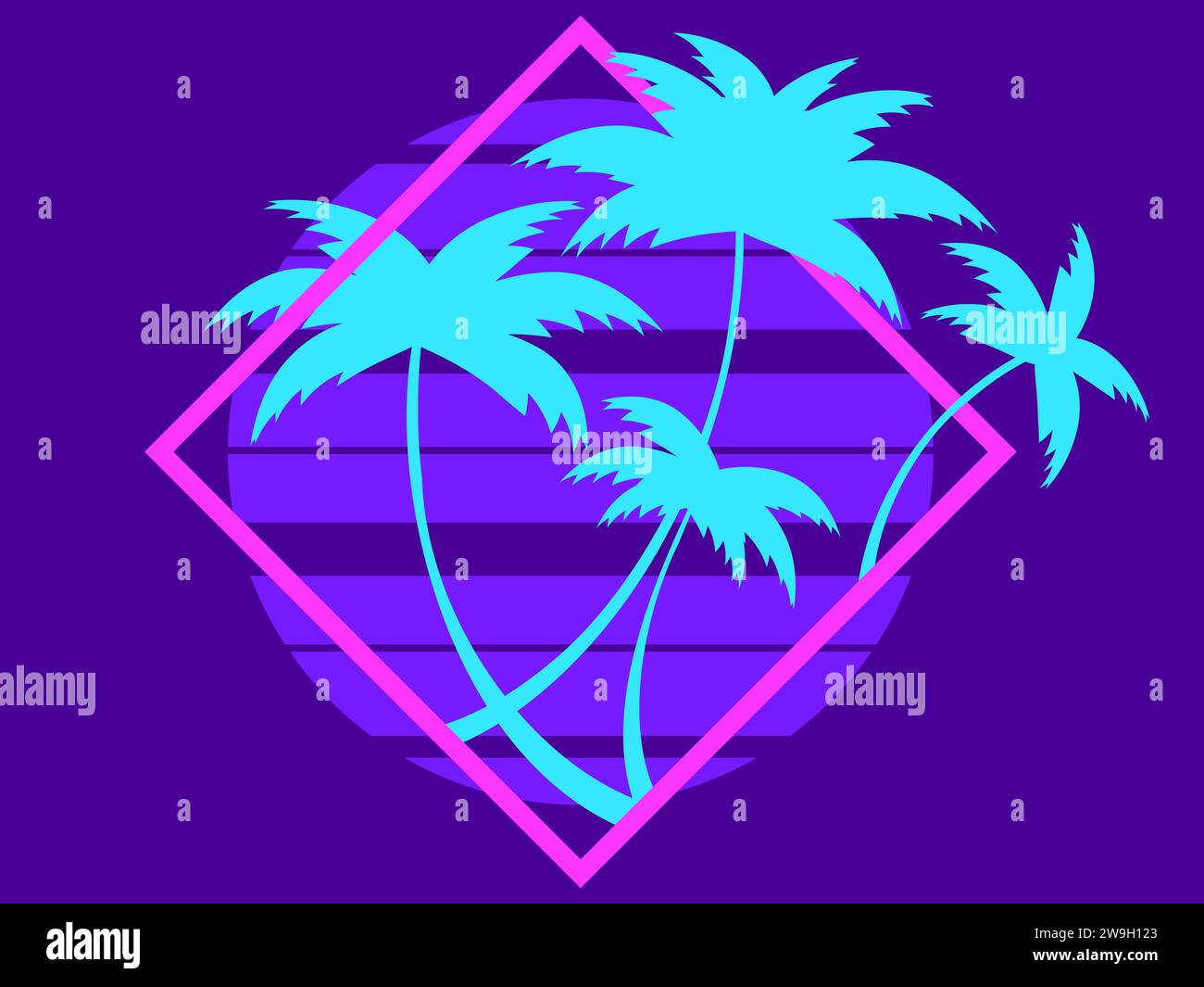 Silhouettes of palm trees at sunset in the style of the 80s in a square ...