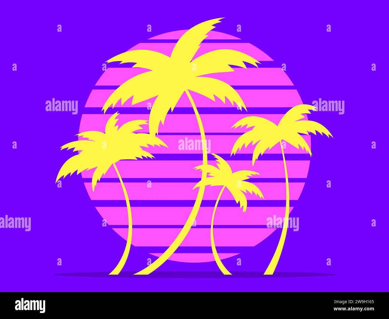 Yellow palm trees against the background of the sun in retro style. Tropical palm trees at sunset in 80s style. Design of advertising brochures, banne Stock Vector