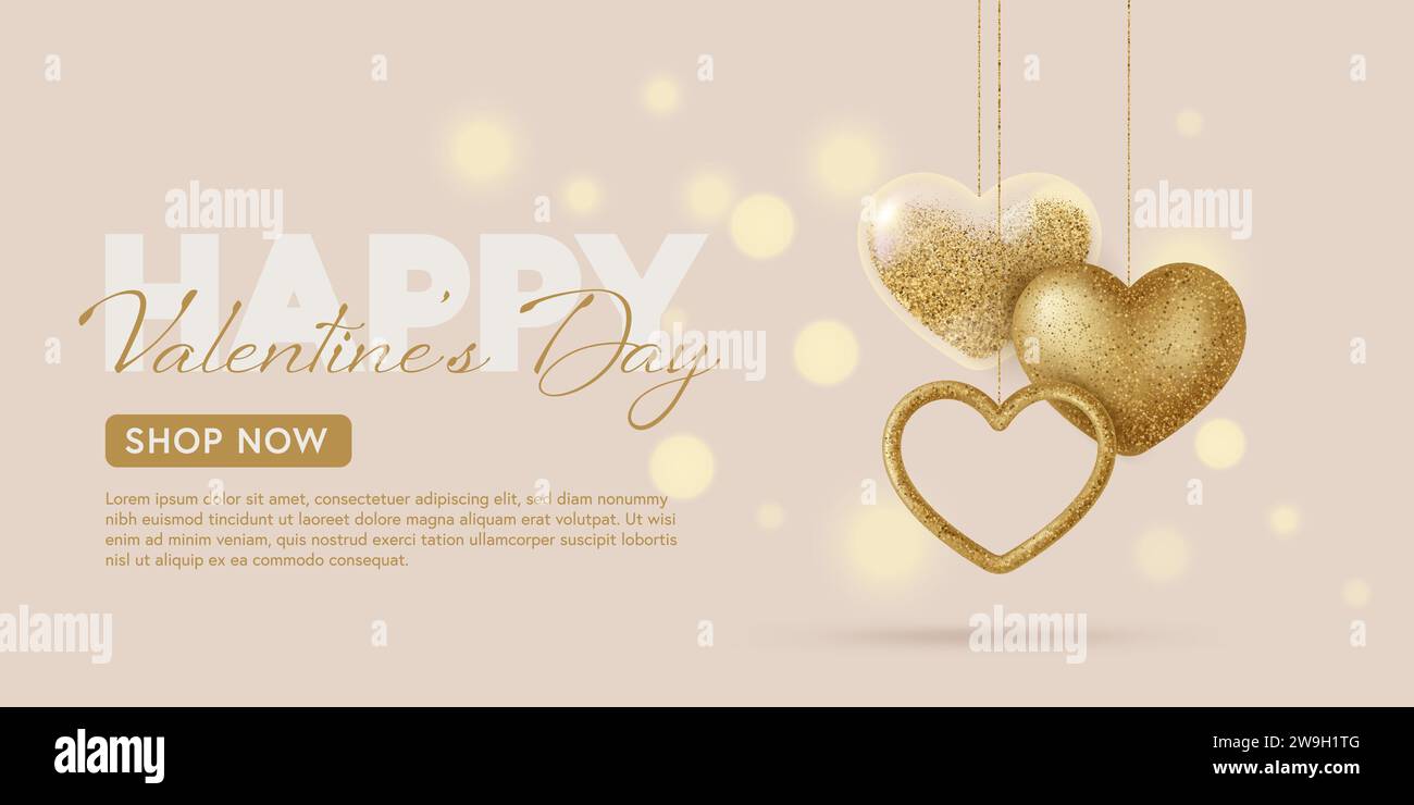 Valentines Day Elegant Banner with Golden Glitter Hearts. Vector ...
