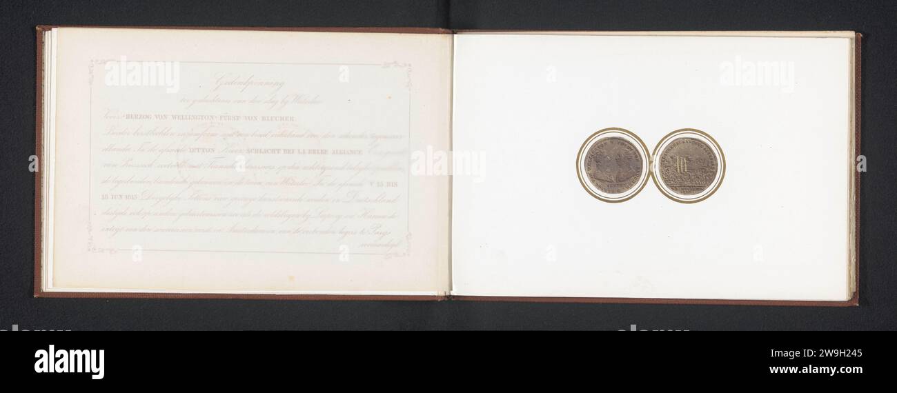 Two images of a memorial medal in memory of Waterloo, 1865  On the left the front with two busts of the Duke or Wellington and Gebhard von Blücher, on the right the downside with an image of the Battle of Waterloo. The Hague paper. photographic support albumen print memorial medal. adult man (+ sideview, profile). battle Stock Photo