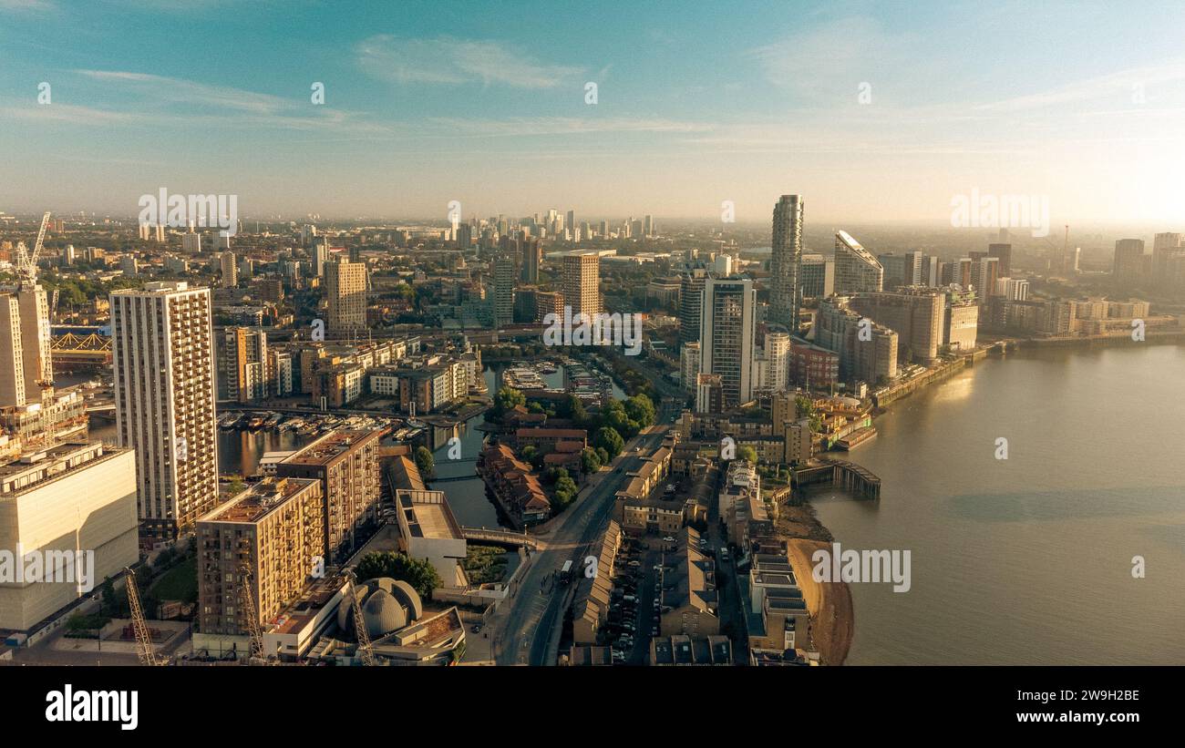 Aerial view of a city skyline with a river and buildings in the ...