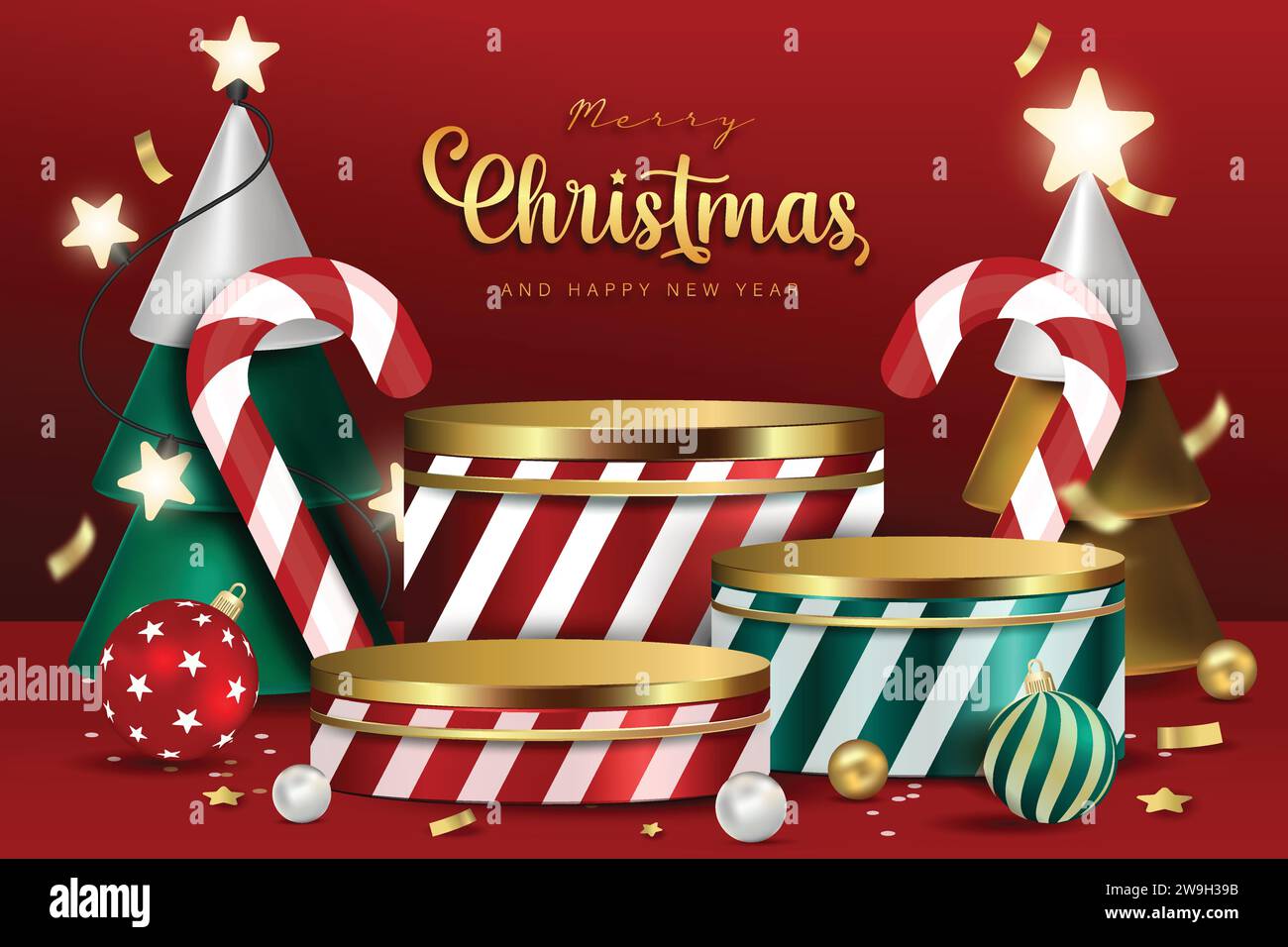 Colorful Christmas decoration elements with stage podiums for products display on festive red background, vector design Stock Vector