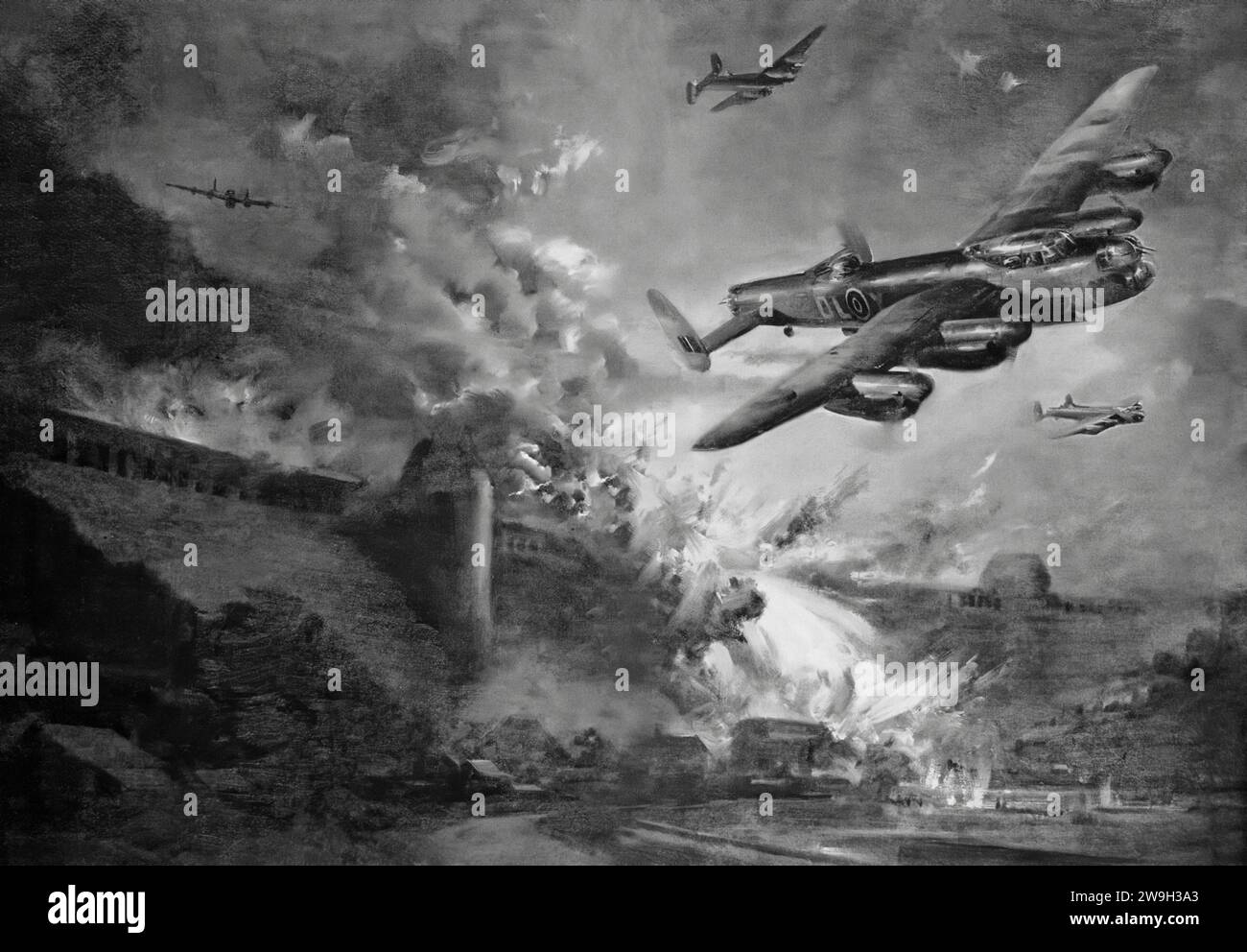 Avro Lancaster Bombers, aka The Dambusters, attacking a German Dam during Operation Chastise (May 16–17, 1943). During the raid by 617 Squadron RAF Bomber Command, used special 'bouncing bombs' developed by Sir Barnes Wallis to destroy the Möhne and Edersee hydroelectric dams in the industrialised Ruhr Valley that were vital to Germany’s production of war material. Stock Photo