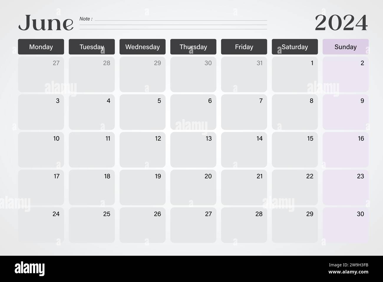 June 2024 calendar or desk planner in soft gray and purple colors with