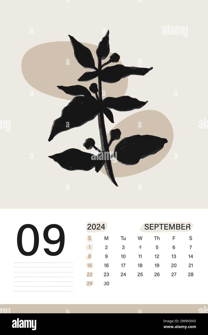 September 2024 wall calendar in soft beige color theme with botanical art, weeks start on Monday, vector illustration design Stock Vector