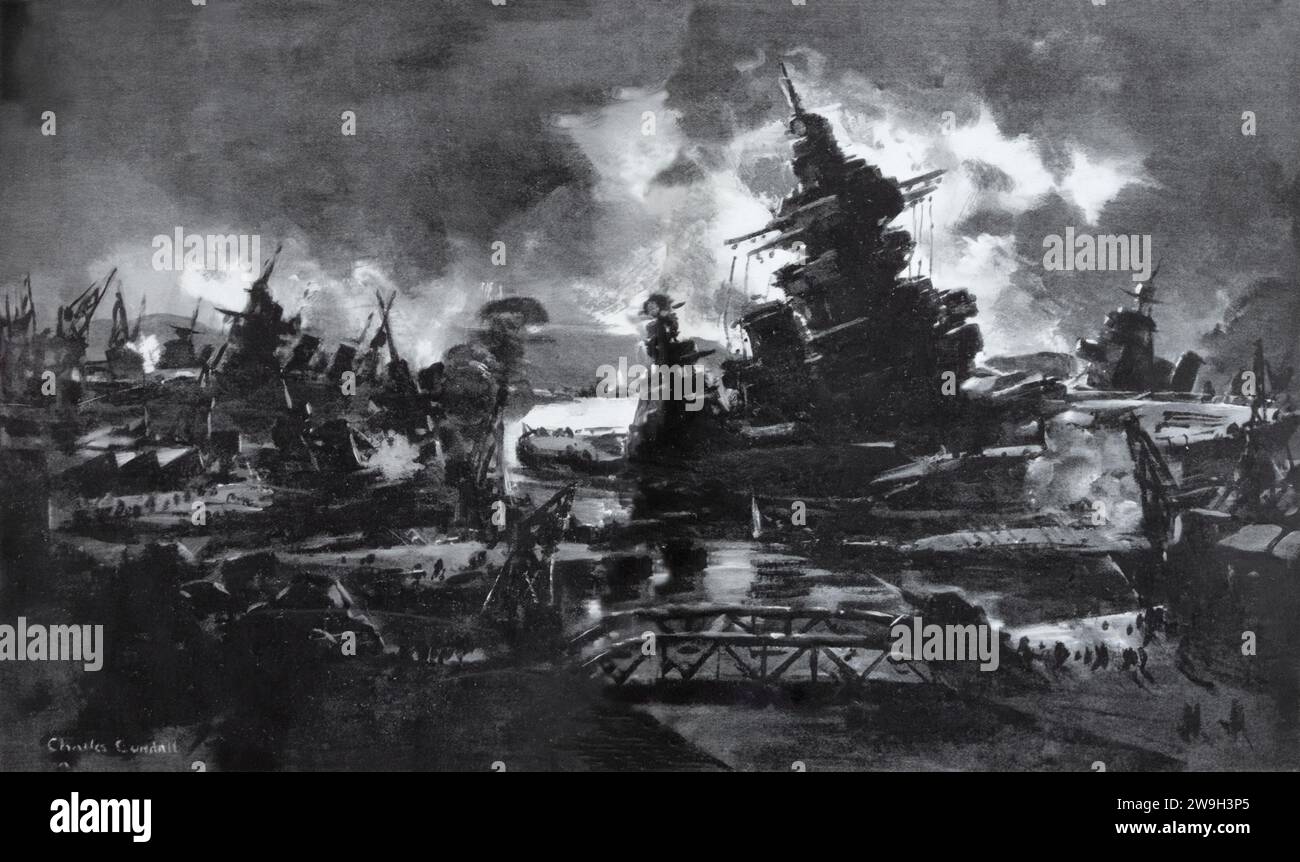 A drawing by Charles Cundell of the scuttling of the French fleet during the Second World War at Toulon on 27 November 1942 to prevent Nazi German forces from seizing it. After the Allied invasion of North Africa, the Germans invaded the territory administered by Vichy under the Armistice of 1940. Admiral Gabriel Auphan, guessed the Germans intended to seize the large fleet at Toulon and ordered it scuttled. Stock Photo