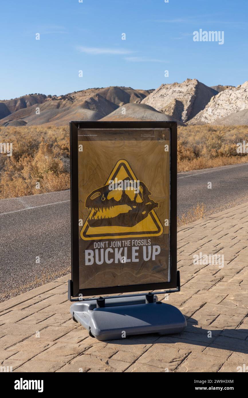 A traffic sign at the entrance to Dinosaur National Monument saying, 'Don't Join the Fossils.  Buckle Up.' Stock Photo