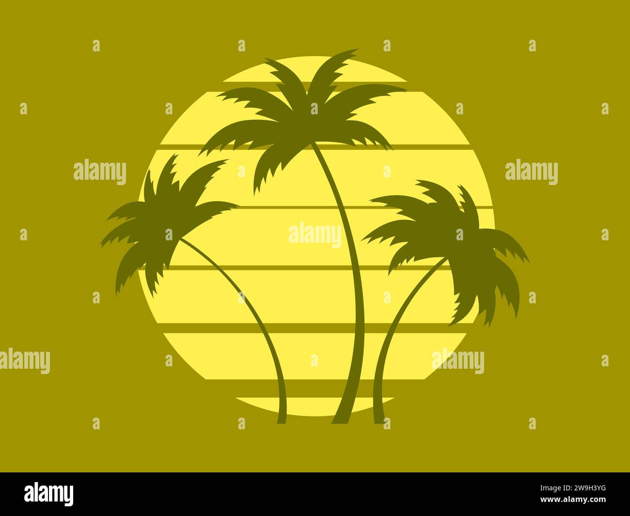 Tropical palm trees at sunset in a futuristic 80s style. Summer time, silhouettes of palm trees in synthwave and retrowave style. Design of advertisin Stock Vector