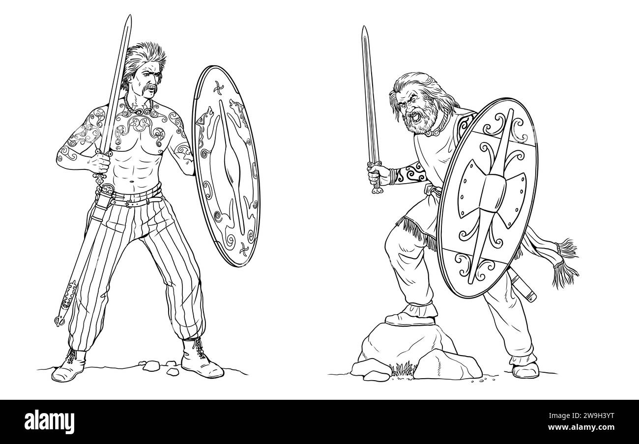 Celtic warriors on the attack. Drawing with Roman enemies. Stock Photo