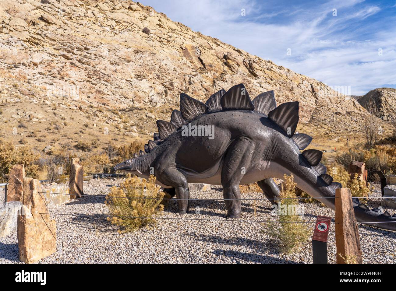 Large model of a stegosaurus dinosaur in front of the visitors center in Dinosaur National Monument near Jensen, Utah. Stock Photo