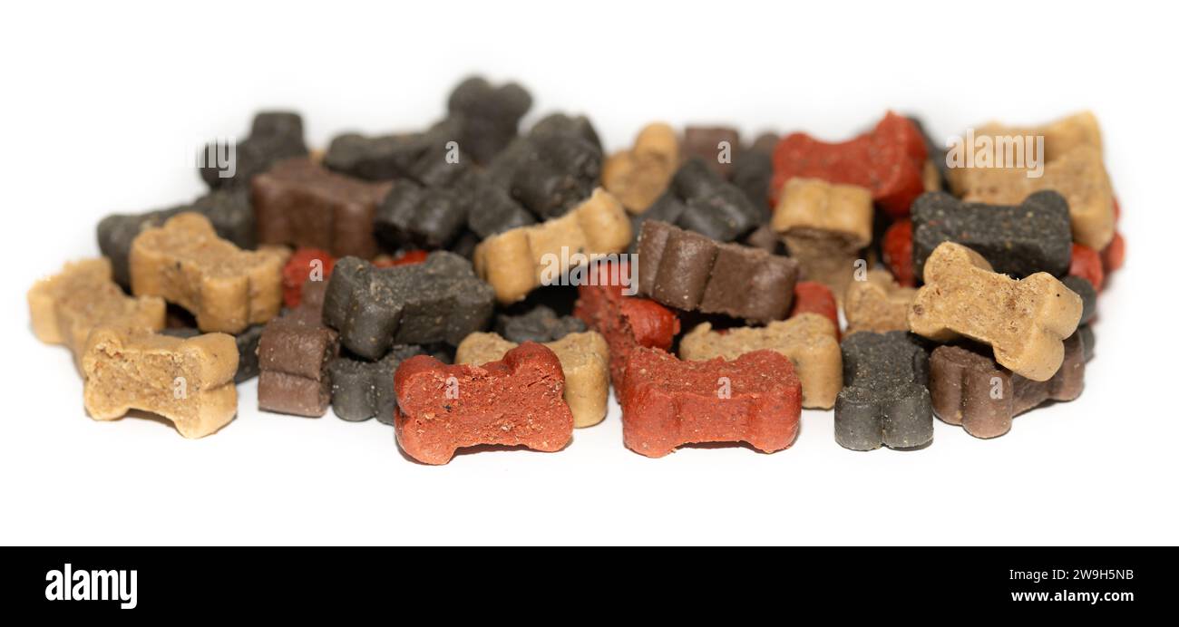 Close-up of dry dog food. The food comes in different colours. The individual pieces are shaped like bones. The background is white. Stock Photo
