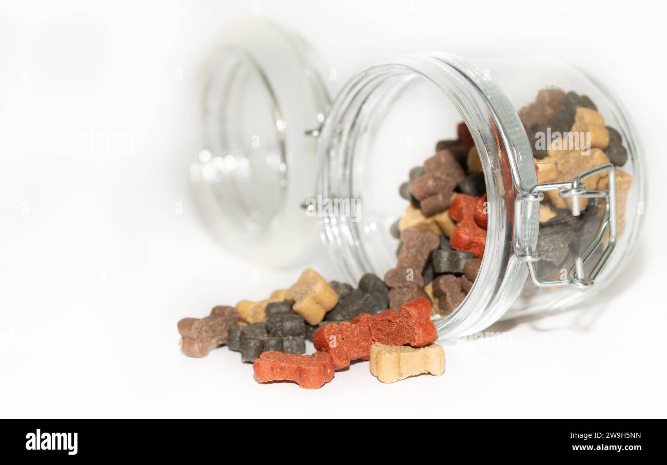Close-up of dry dog food. The food is in the shape of bones. An open jar lies on a white background and the food falls out. Stock Photo