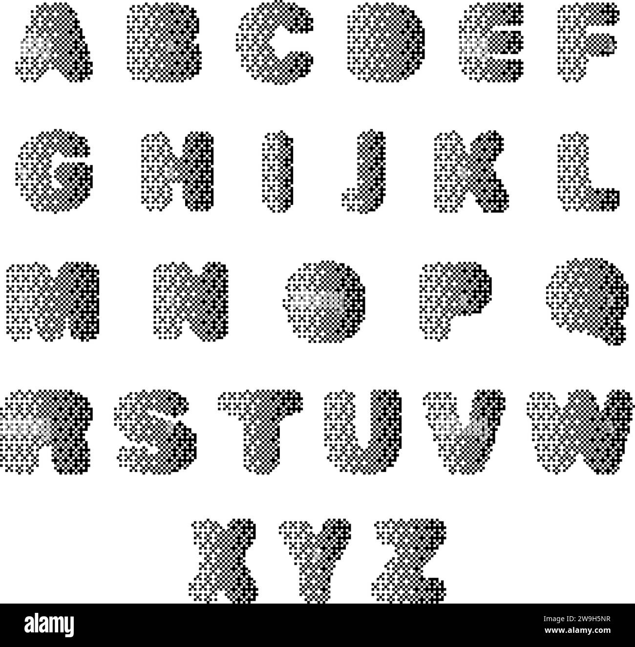 Halftone pixel alphabet. Vintage decorative dotted font. Set of letters with noisy texture for technology logo icon design. Vector illustration. Stock Vector