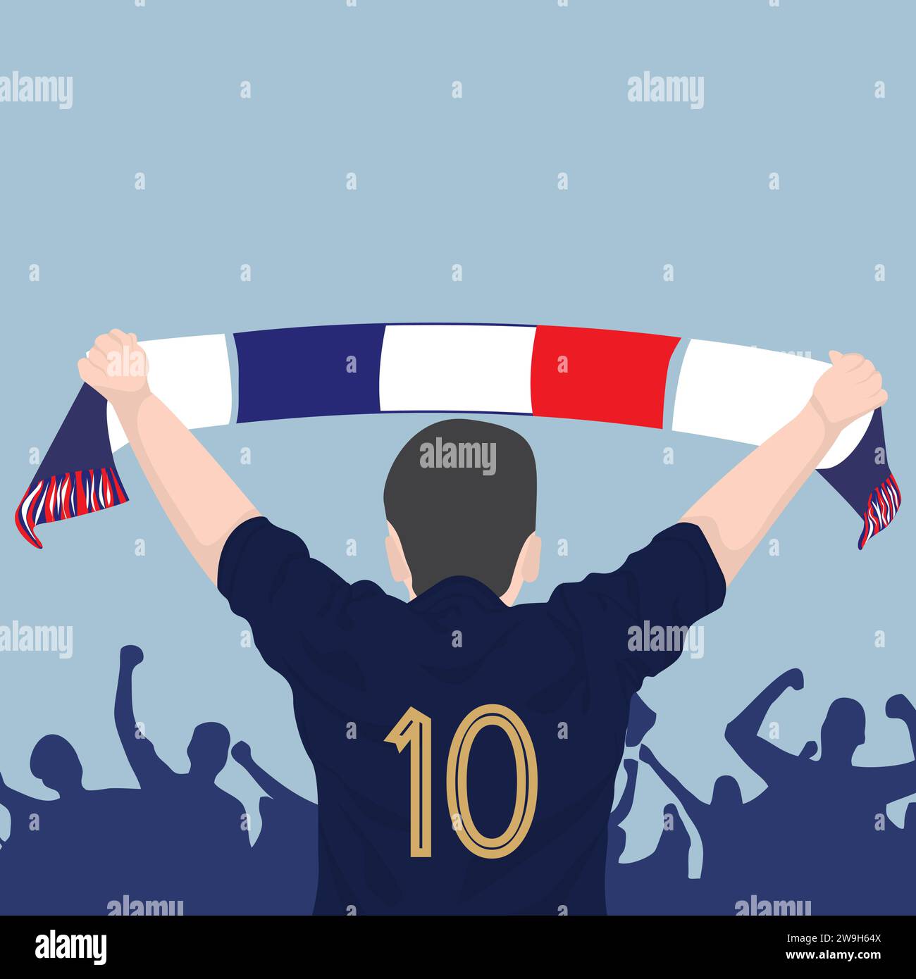 vector player supporter jersey blue dark holding sale flag in hand supporting his country, flat design. Stock Vector