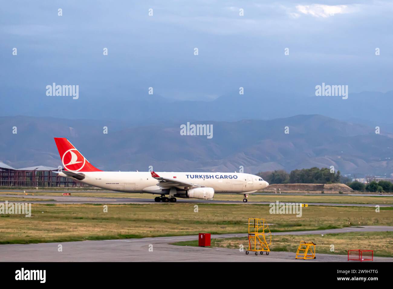 Turkish Cargo Turkish airlines cargo airplane on tarmac in Almaty airport Stock Photo