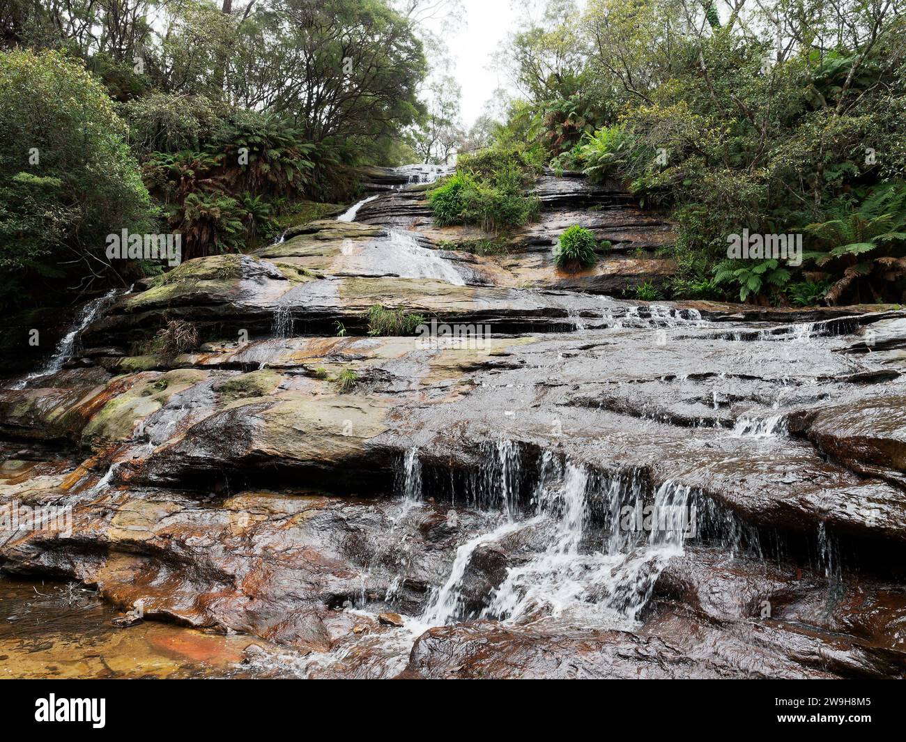 Low angle view looking up at the Katoomba Falls in the Blue Mountains near Sydney Australia Stock Photo