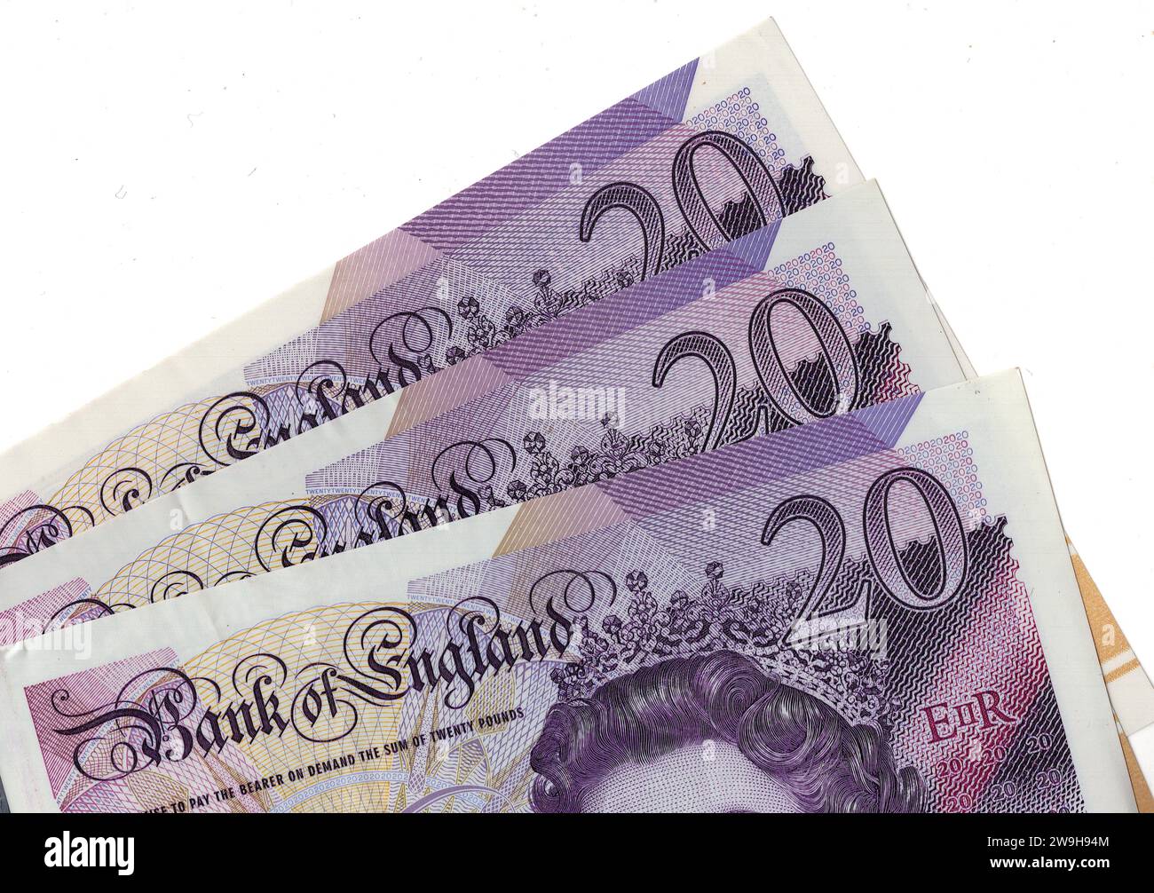 Close up of twenty pound notes from the United Kingdom/Great Britain on ...