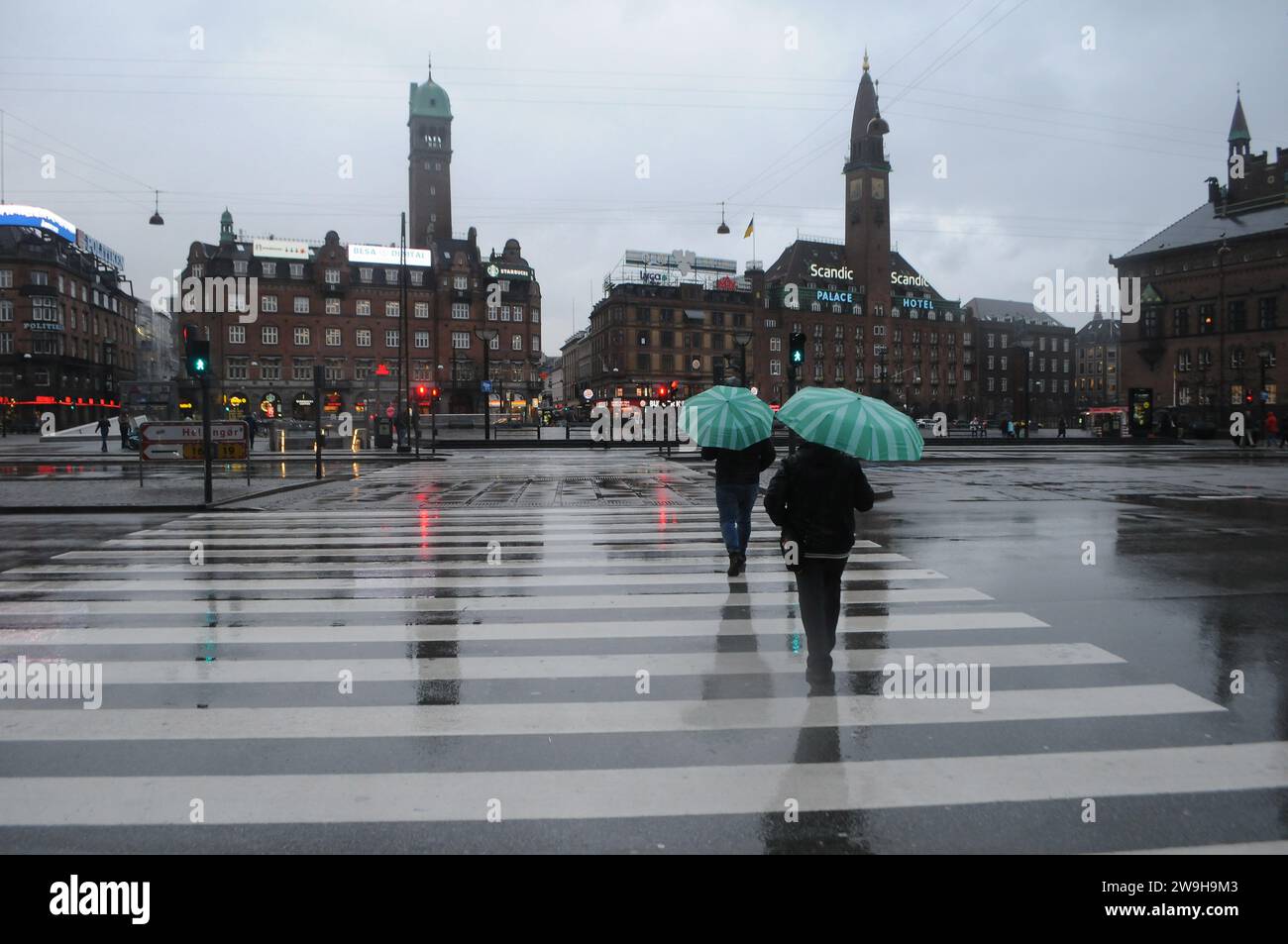 Copenhagen, Denmark /28 December 2023/.Weather rain fall in danish