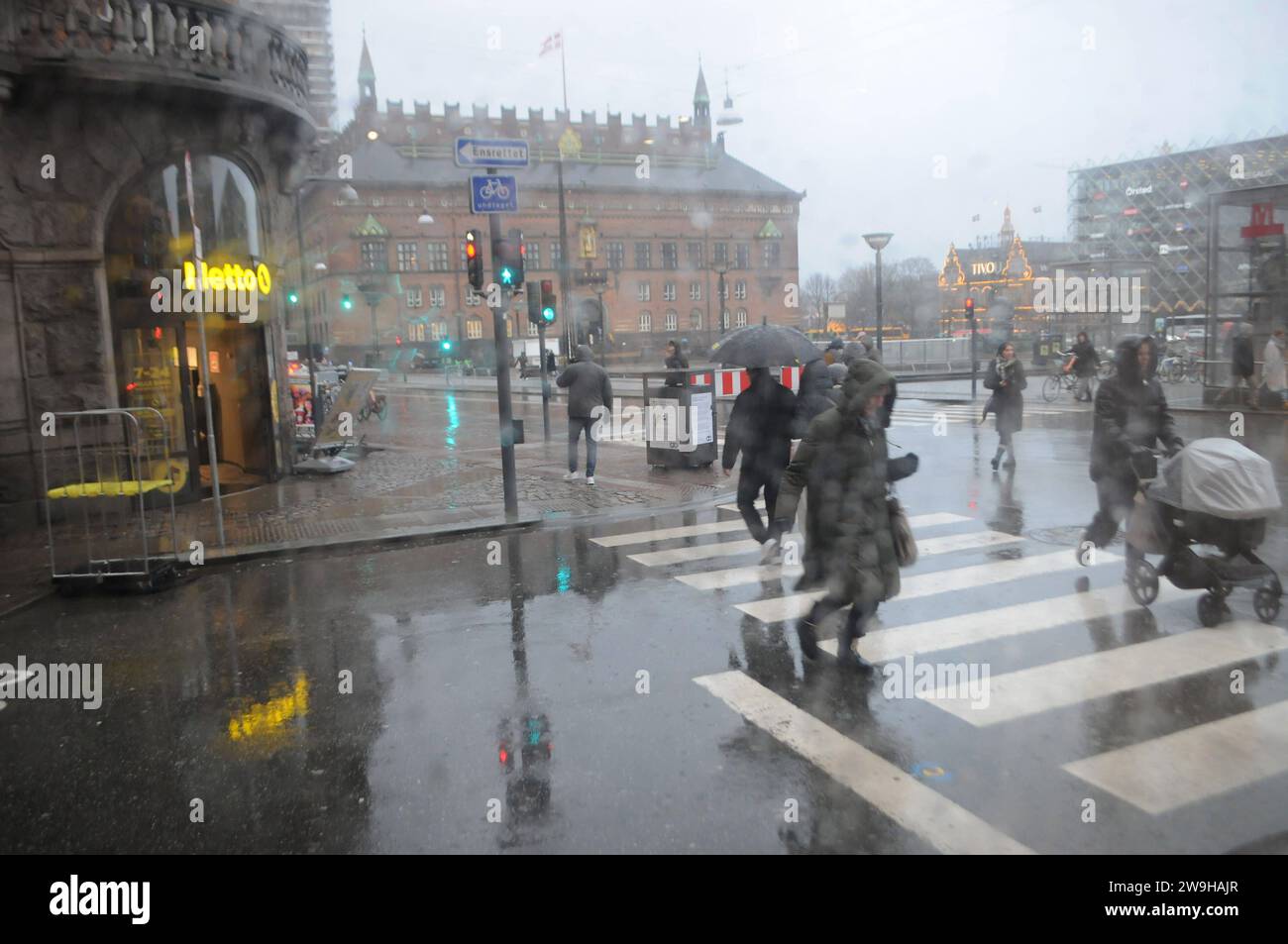 Copenhagen, Denmark /28 December 2023/.Weather rain fall in danish