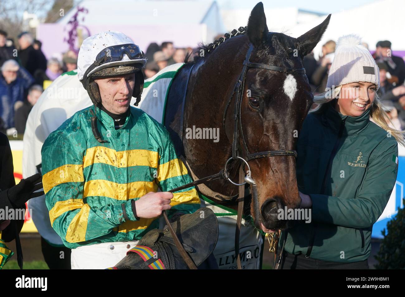 Fact To File and jockey Mark Walsh after winning the Ballymaloe Relish Rising Stars Beginners Chase during day three of the Leopardstown Christmas Festival at Leopardstown Racecourse, Dublin. Picture date: Thursday December 28, 2023. Stock Photo