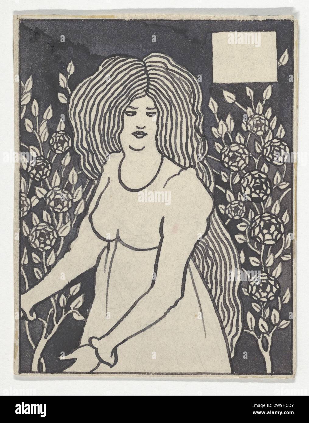 Long-haired Woman in Front of Tall Rosebushes (Chapter Heading, 'Le Morte d'Arthur,' J. M. Dent, 18934, Part IX, book xiii, chapter viii, p. 700, and Part XII, book xxi, chapter viii, p. 972) 1963 by Sir Thomas Malory Stock Photo