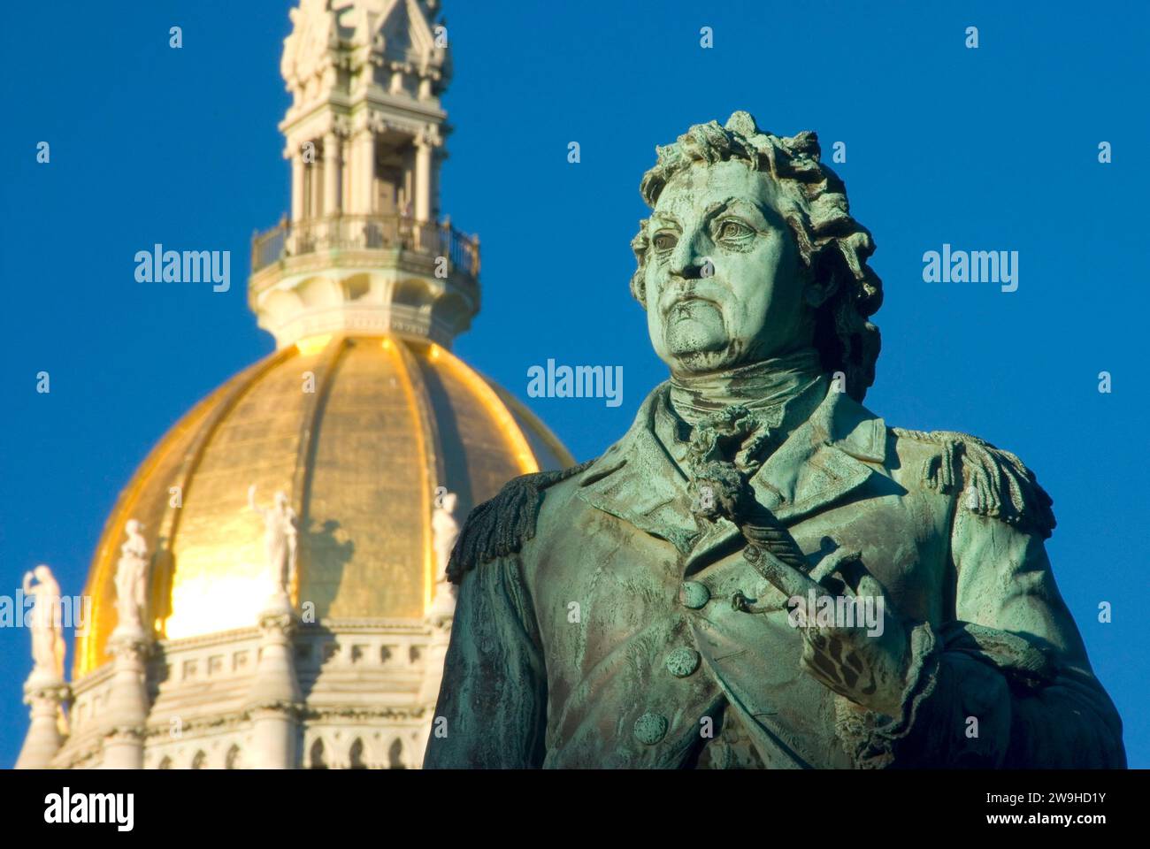 Connecticut State Capitol with Israel Putnam statue, Bushnell Park, Hartford, Connecticut Stock Photo