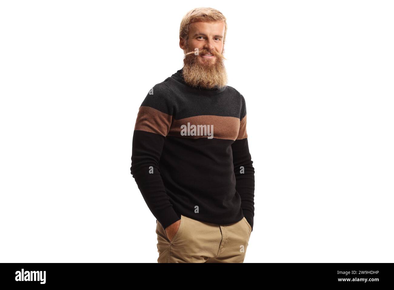 Man with blond beard and mustaches wearing a black turtle neck jumper isolated on white background Stock Photo