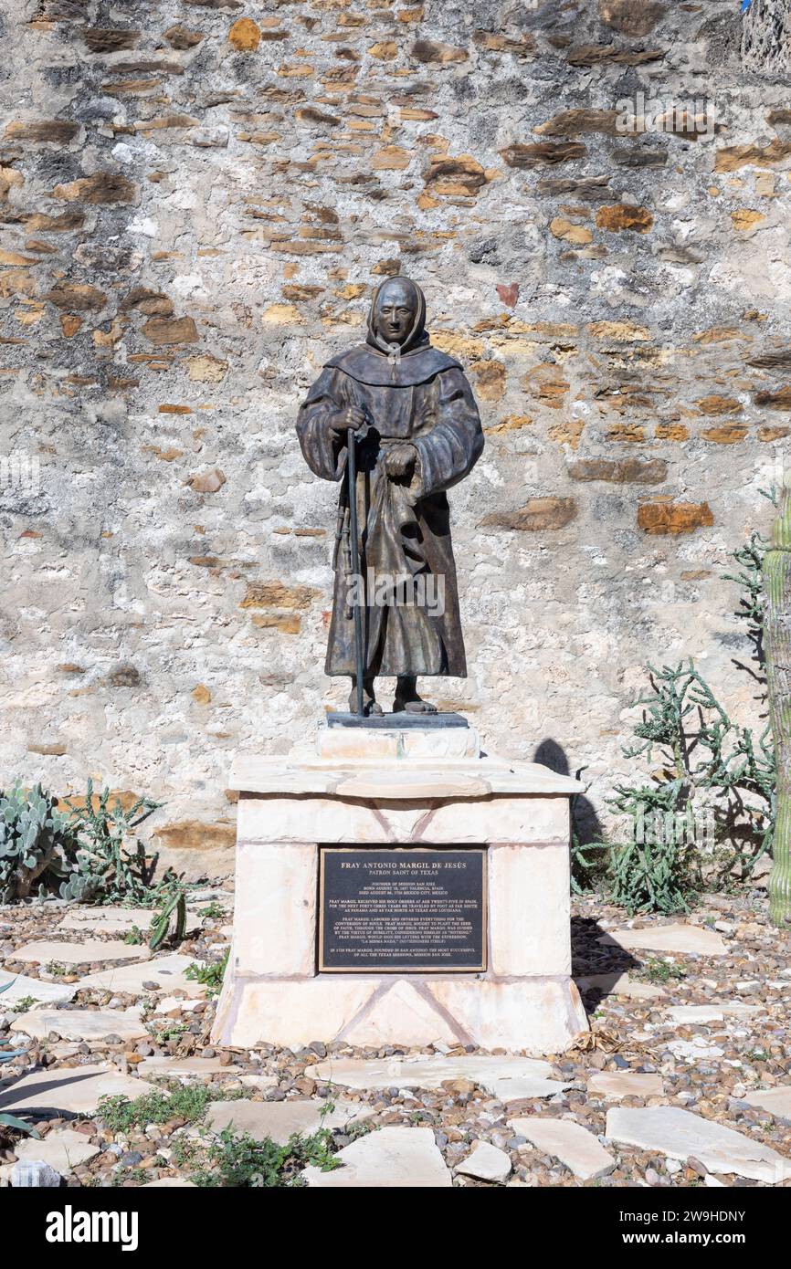 San Antonio, USA - October 31, 2023: statue of founder of  to mission San Jose, Fray Margil at San Antonio mission trail, an Unesco world heritage sit Stock Photo