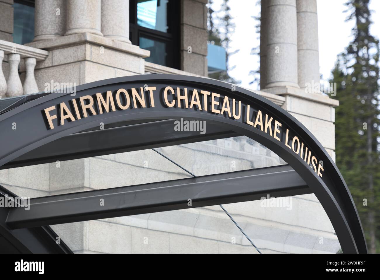 Exterior sign on entrace canopy of the Fairmont Chateau Lake Louise hotel in Banff, Alberta, Canada Stock Photo