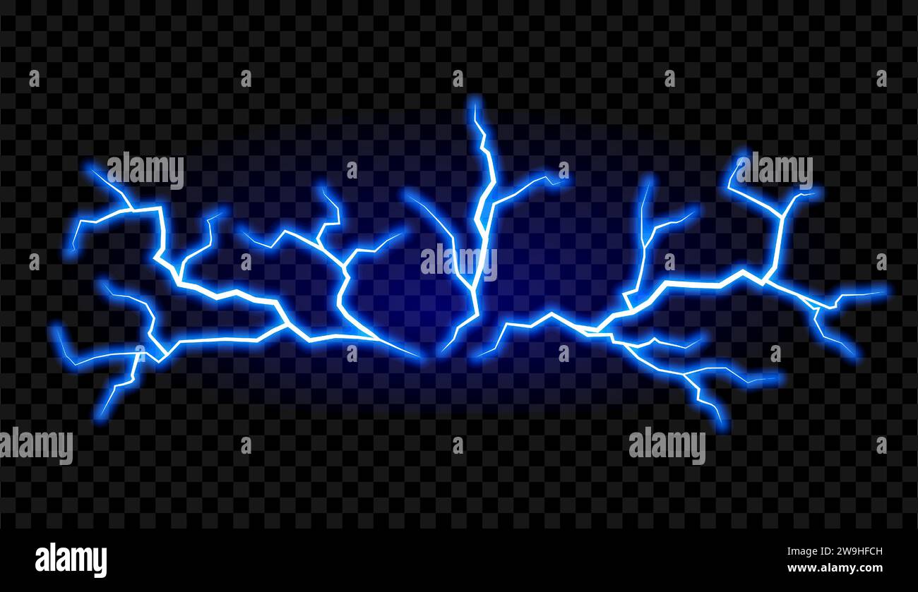 Blue electric lighting effect. Powerful storm electrical discharge. Impact, crack, magical energy flash. Stock Vector