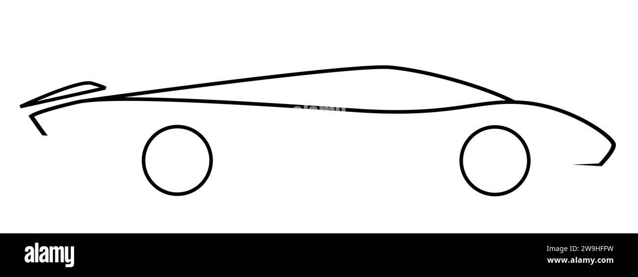 A cartoon black line drawing of a very fast sports car over a white background Stock Vector