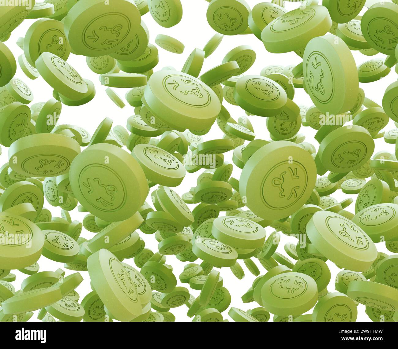 A concept showing a mass array of falling green tablets embossed with a crooked bitter face - 3D render Stock Photo