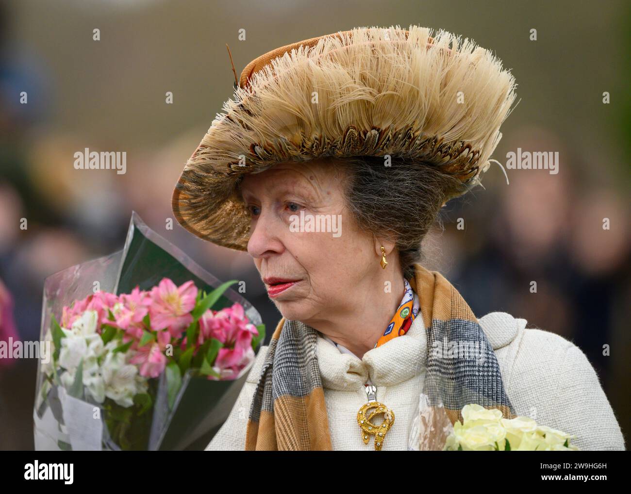 The Princess Royal greets well-wishers after attending the Christmas service at St Mary Magdalene Church, Sandringham. December 25, 2023 Stock Photo