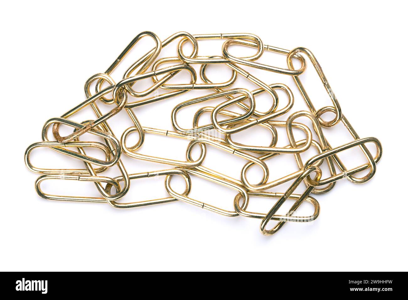 Steel chain with shiny, brass plated surface, straight shaped, with rounded links, from above. Smooth and decorative ring chain, made of round wire. Stock Photo