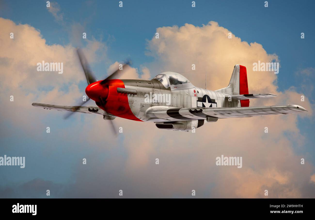 P-51 Mustang World War II era fighter flies among clouds and blue sky. (Detailed model, not a real airplane) Stock Photo