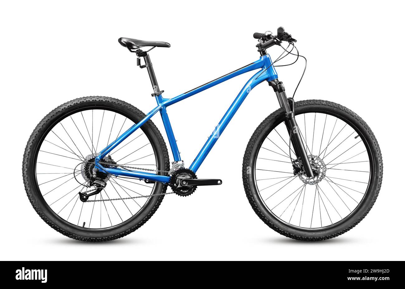 New cross country mountain bicycle with 29 inches wheels and blue frame isolated on white background. Stock Photo