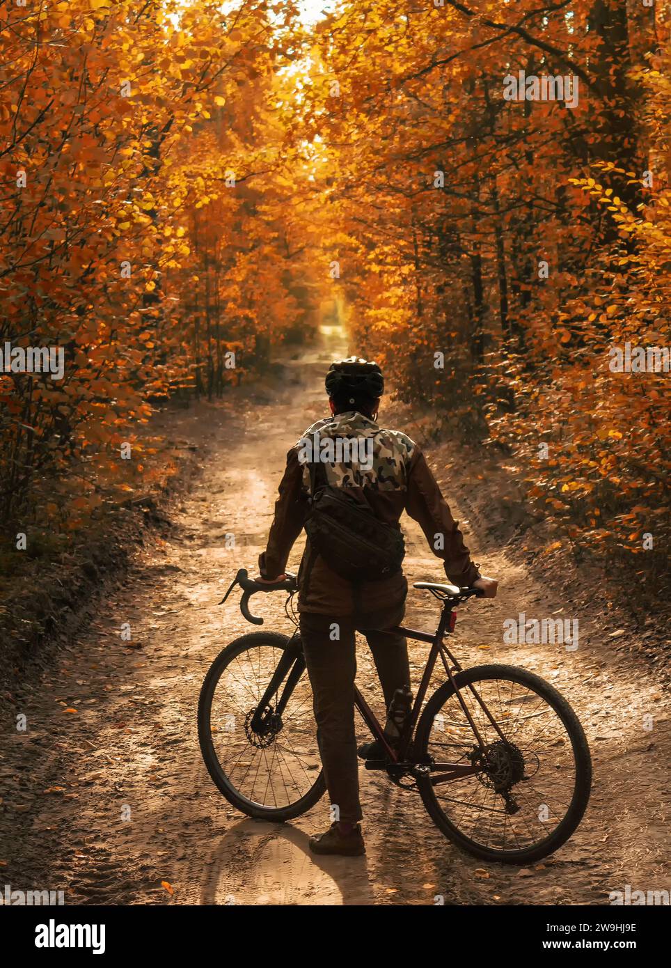 A cyclist stands on a path in a beautiful autumn forest with orange leaves in daylight. Beautiful autumn landscape. Active lifestyle. Stock Photo