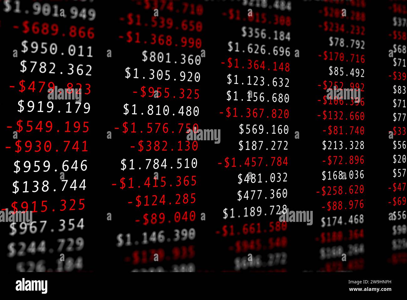 Highly complex data with dollar numbers from an accounting system. Symbolic for a volatile economic business environment during crisis and downturn. Stock Photo